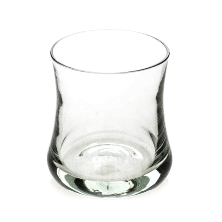 Handblown recycled glass cocktail tumbler with a clear, round design.