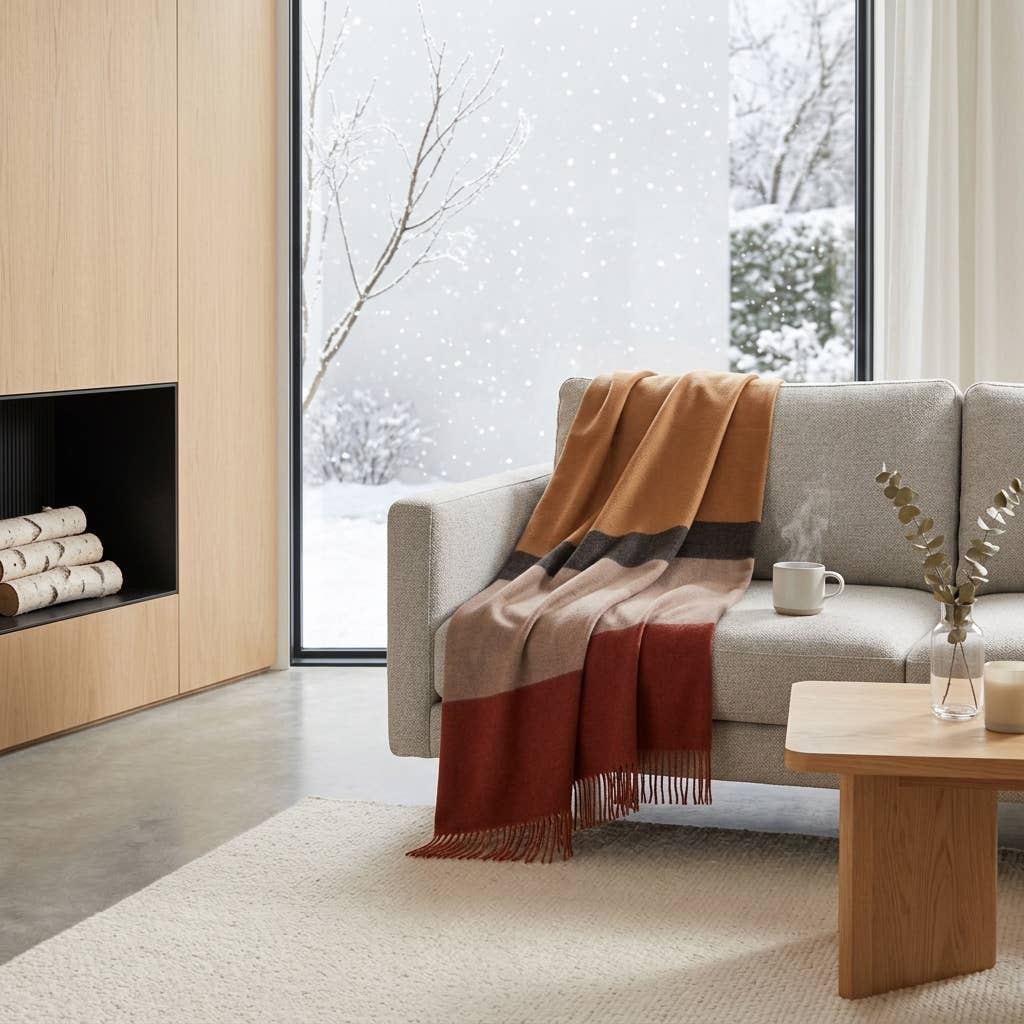 A fringed alpaca throw over a grey sofa in a room with a fireplace and a snowy window.