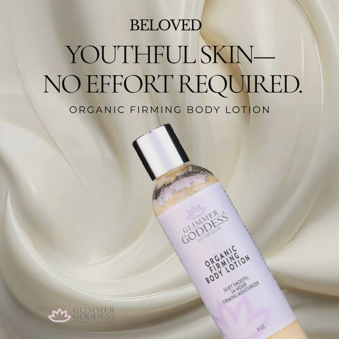 Organic firming body lotion with collagen in a sleek bottle.