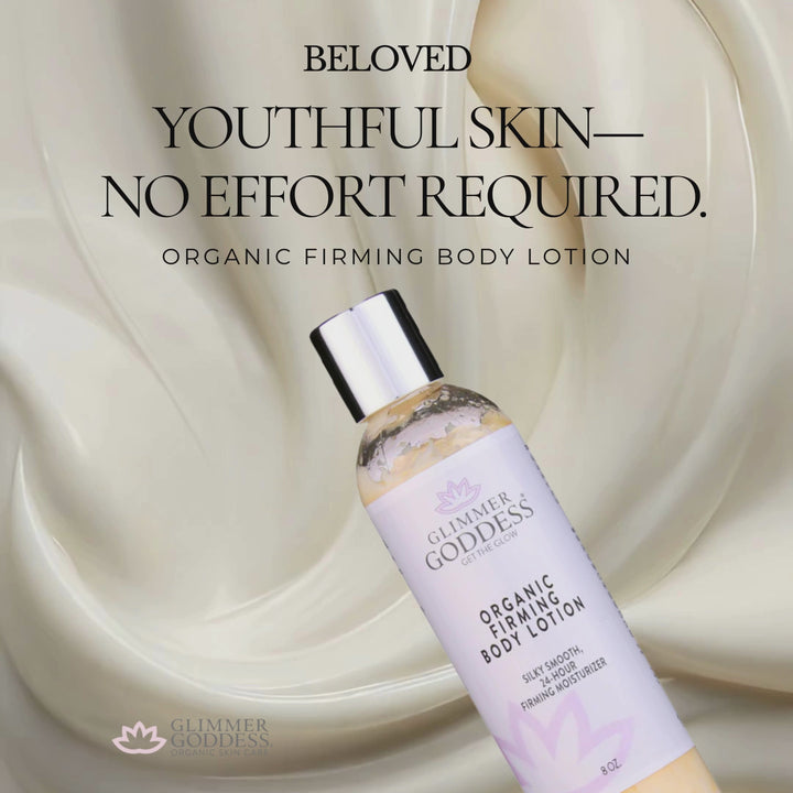 Organic firming body lotion with collagen in a sleek bottle.