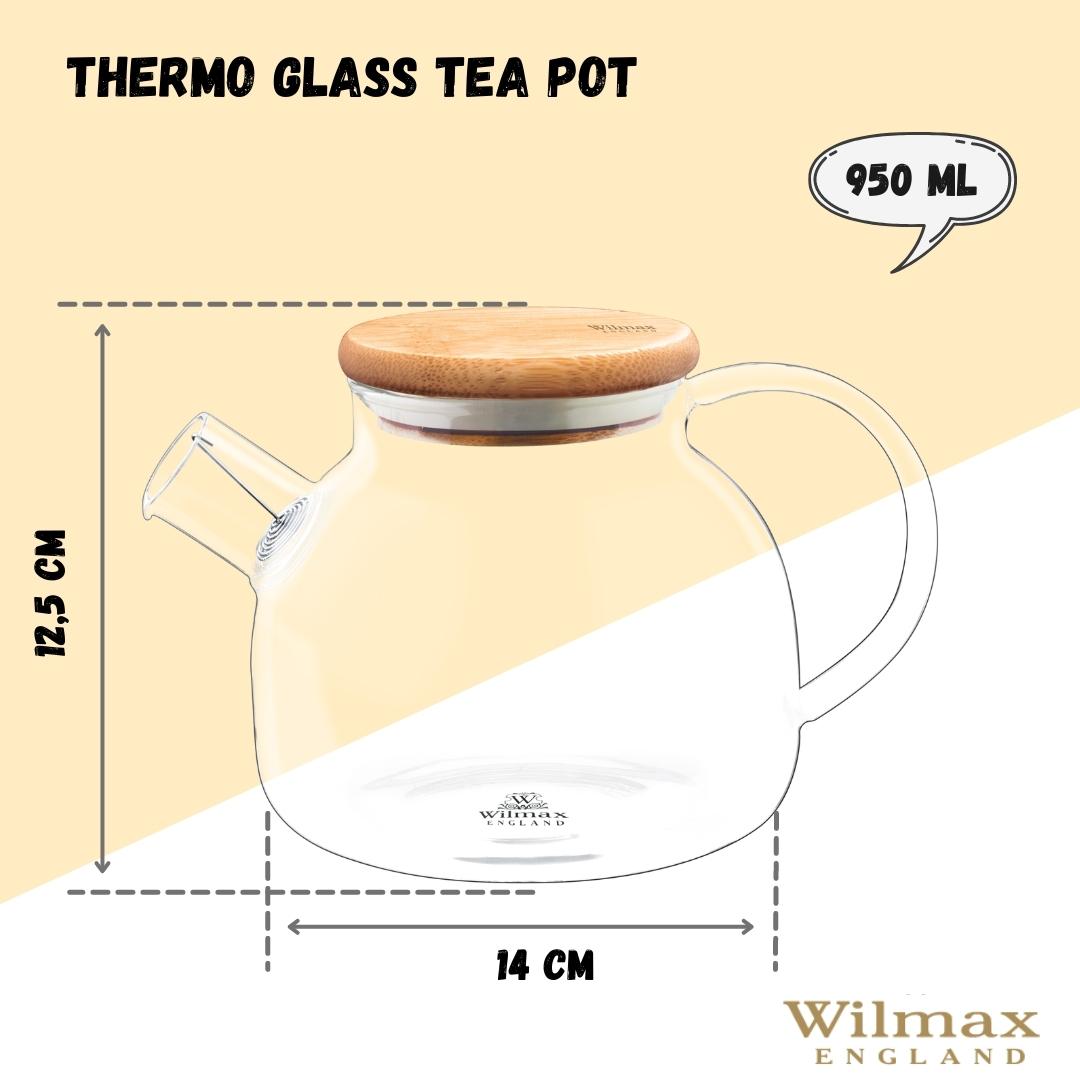 Borosilicate glass teapot with a lid and handle, for brewing tea.