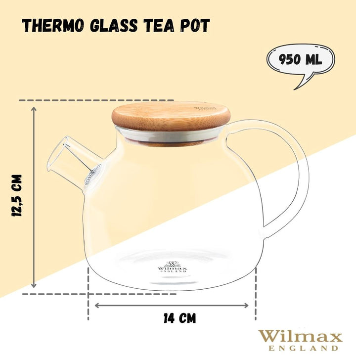 Borosilicate glass teapot with a lid and handle, for brewing tea.