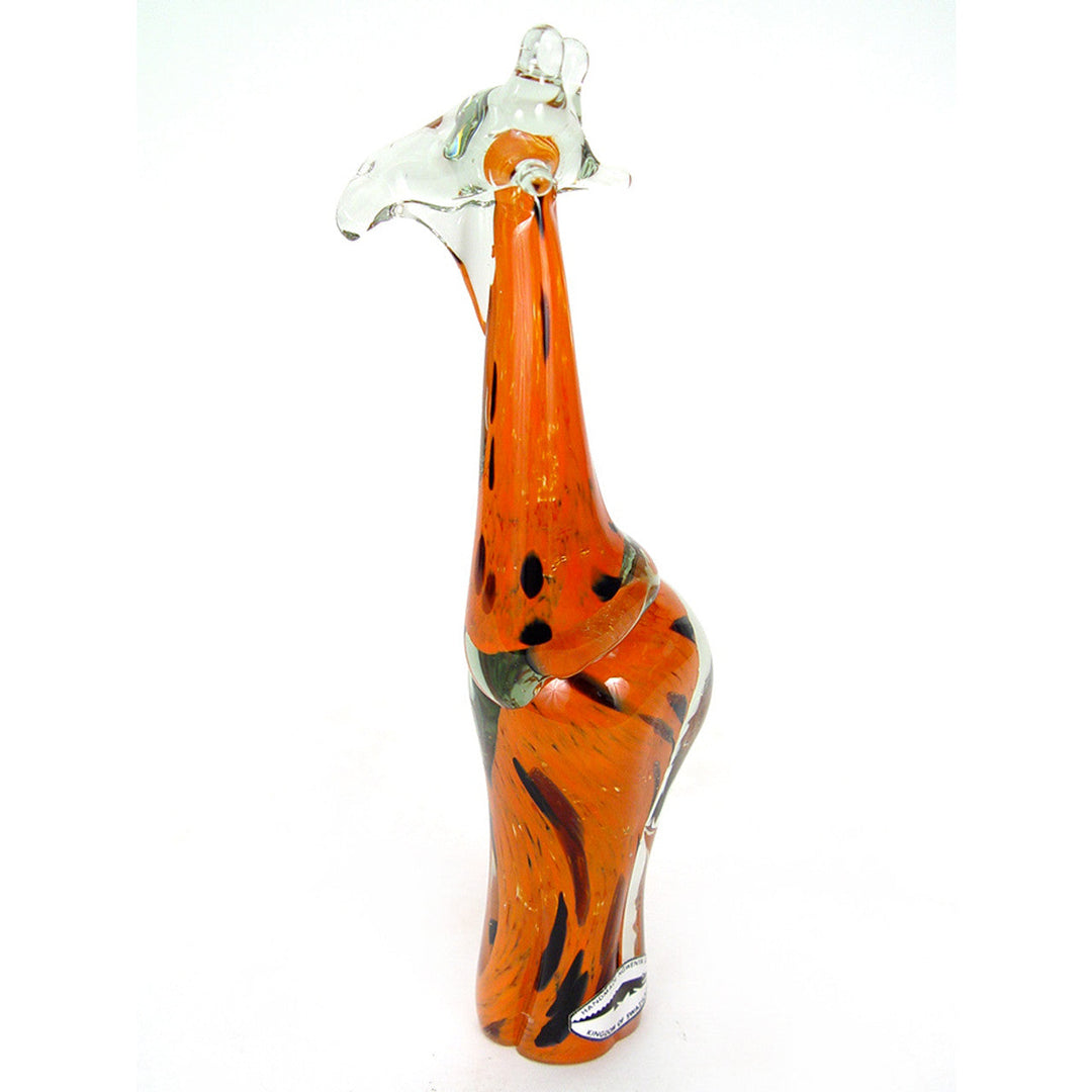 Handblown orange recycled-glass giraffe sculpture with smooth curves.