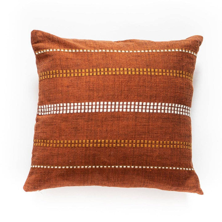 Handwoven Ethiopian cotton throw pillow cover in copper with woven stripe detail, 20 by 20 inches.