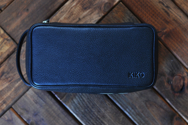 Handcrafted leather dopp kit with a zipper closure, for travel and grooming accessories.