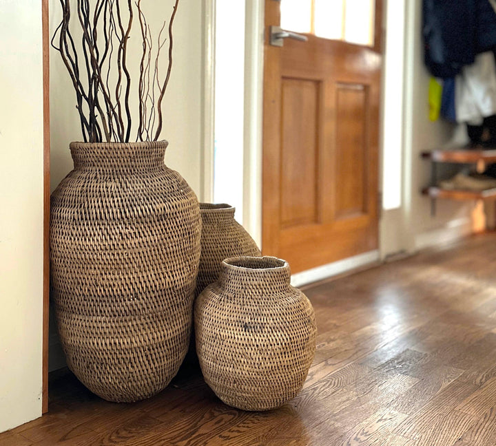 Buhera cane basket shown from the side, sculptural vessel form