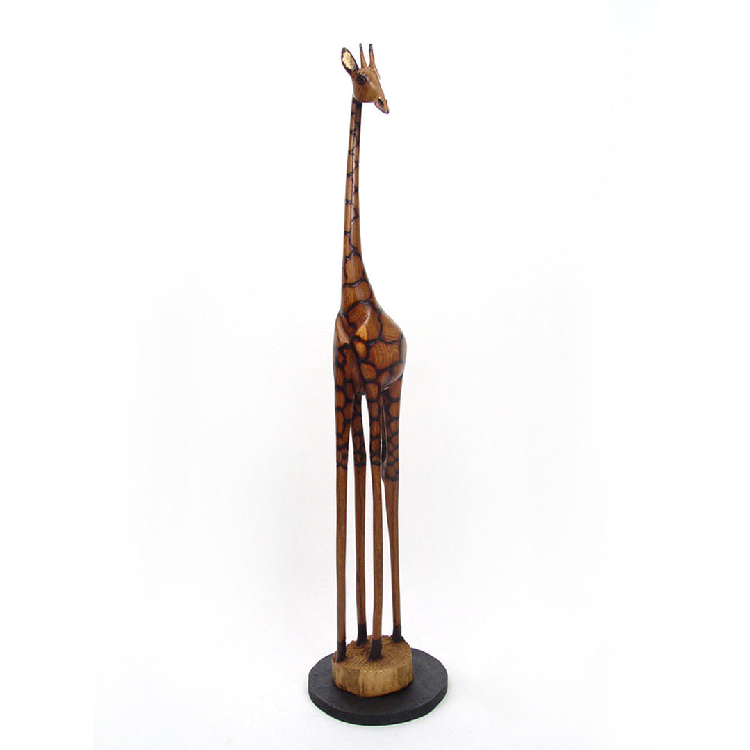 Small hand-carved olivewood giraffe showing detailed animal craftsmanship.