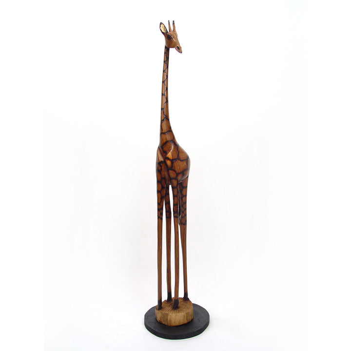 Small hand-carved olivewood giraffe showing detailed animal craftsmanship.