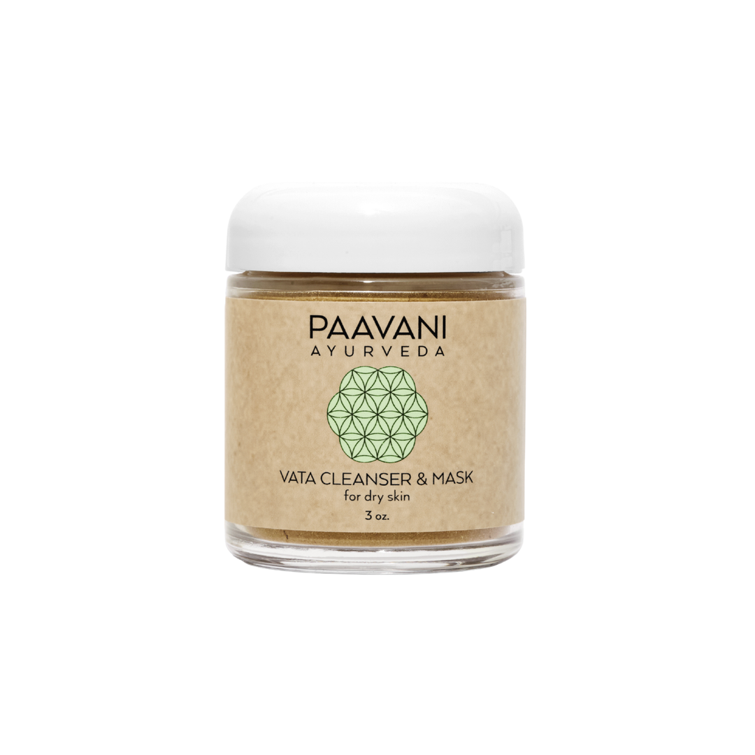 Vata cleanser and mask with Rhassoul clay, in a jar with herbal ingredients.