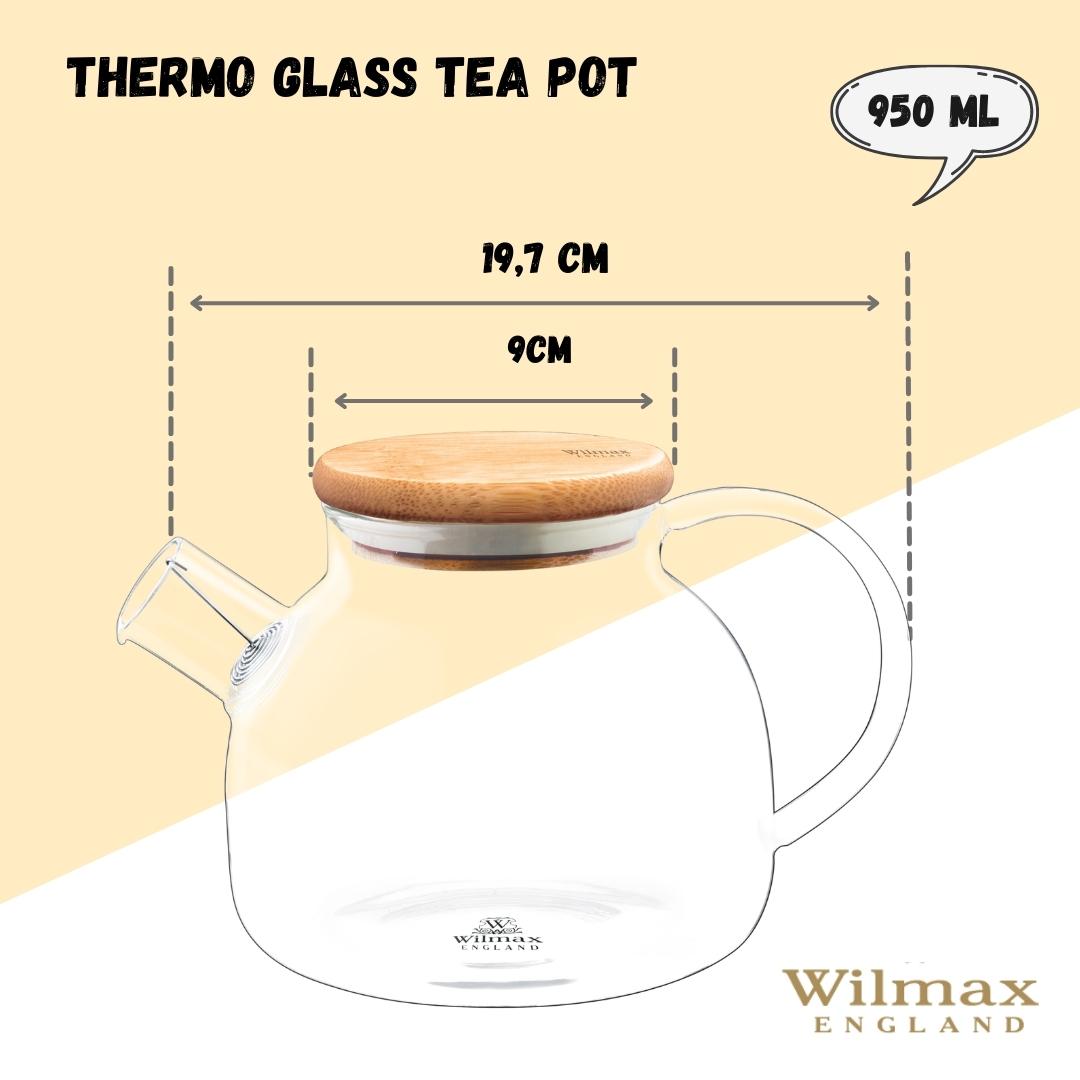 Borosilicate glass teapot with a handle and lid, transparent construction.