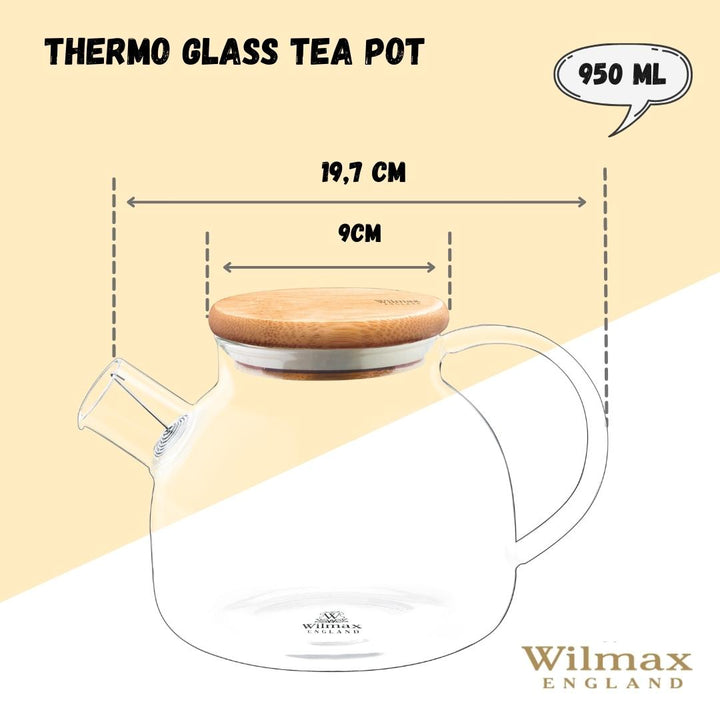 Borosilicate glass teapot with a handle and lid, transparent construction.