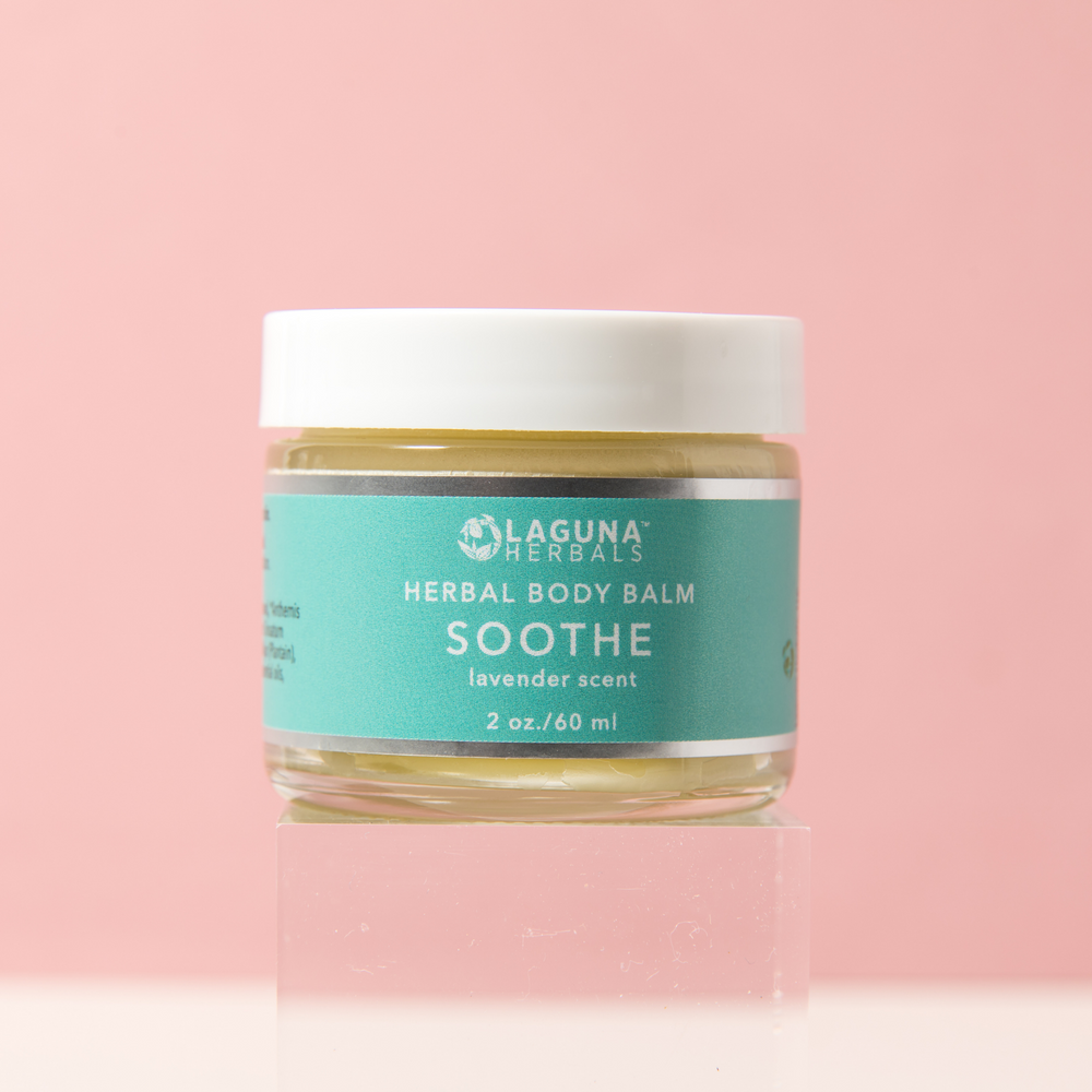 Soothe organic body balm in a jar, a botanically infused balm with a creamy texture.