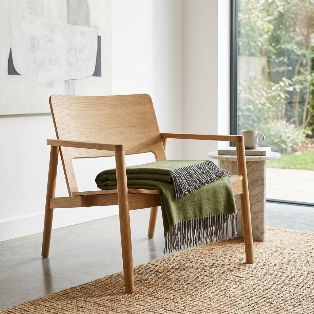 An olive baby alpaca throw folded on an oak lounge chair above a jute rug.