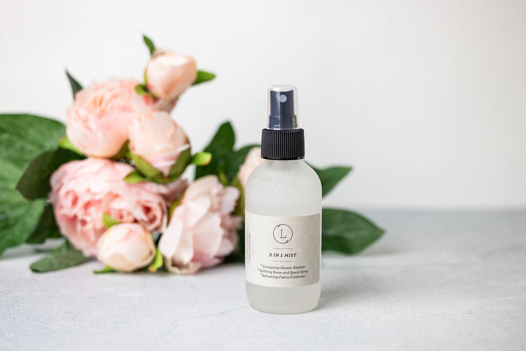 Eucalyptus mist spray with fresh eucalyptus leaves.