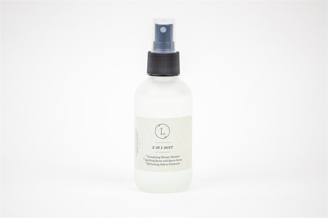 Lizush eucalyptus mist, a 3-in-1 spray with eucalyptus leaves in a spray bottle.