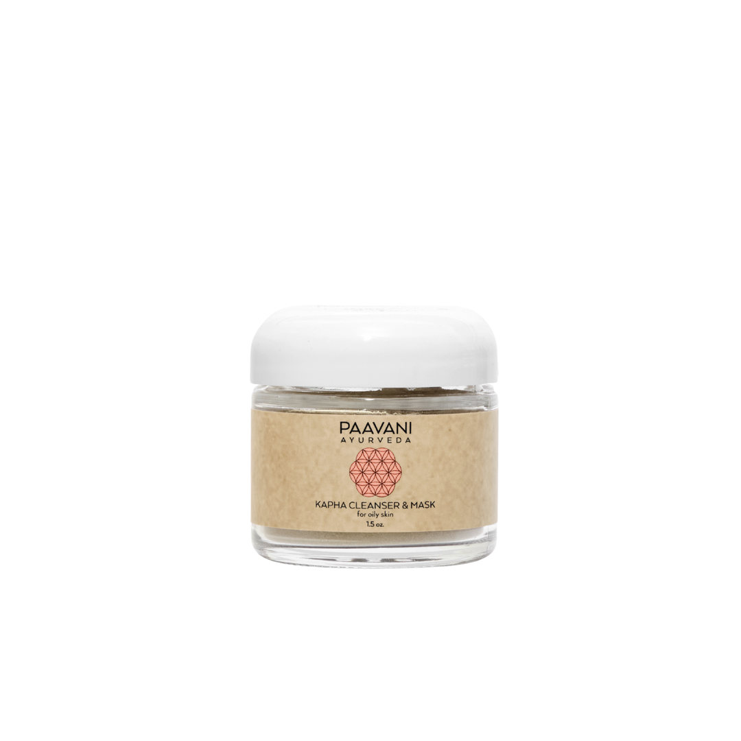 Kapha cleanser and mask with French green clay, in a jar.