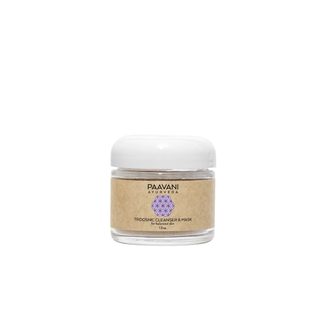 Tridoshic cleanser and mask with bentonite clay, creamy mask in a jar.