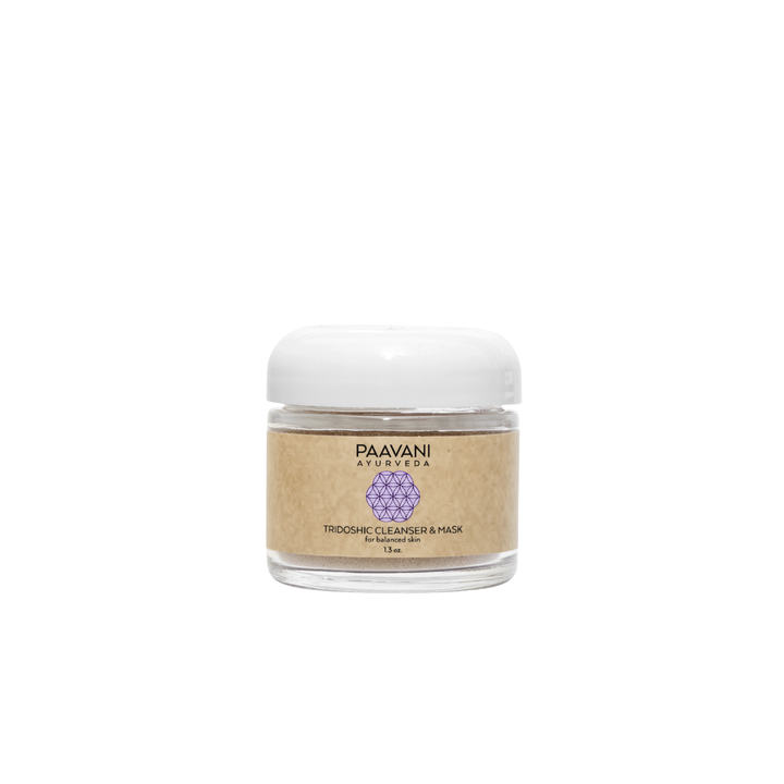 Tridoshic cleanser and mask with bentonite clay, creamy mask in a jar.