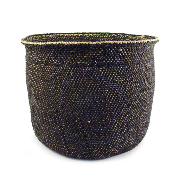 Black and natural geometric Iringa basket, handwoven Tanzanian Milulu grass