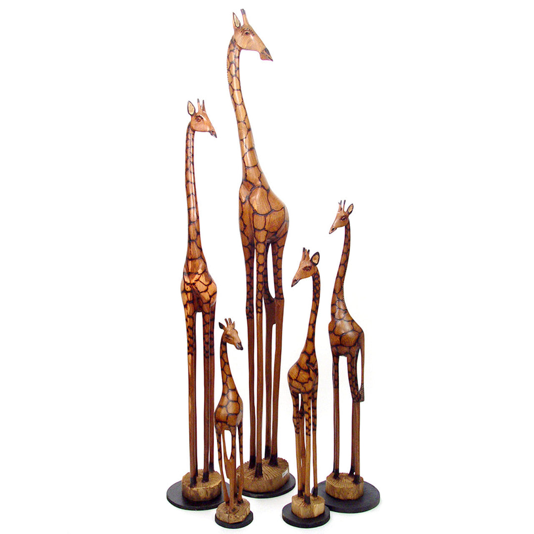 Olivewood giraffe sculpture, 24 inches, with flowing natural grain.