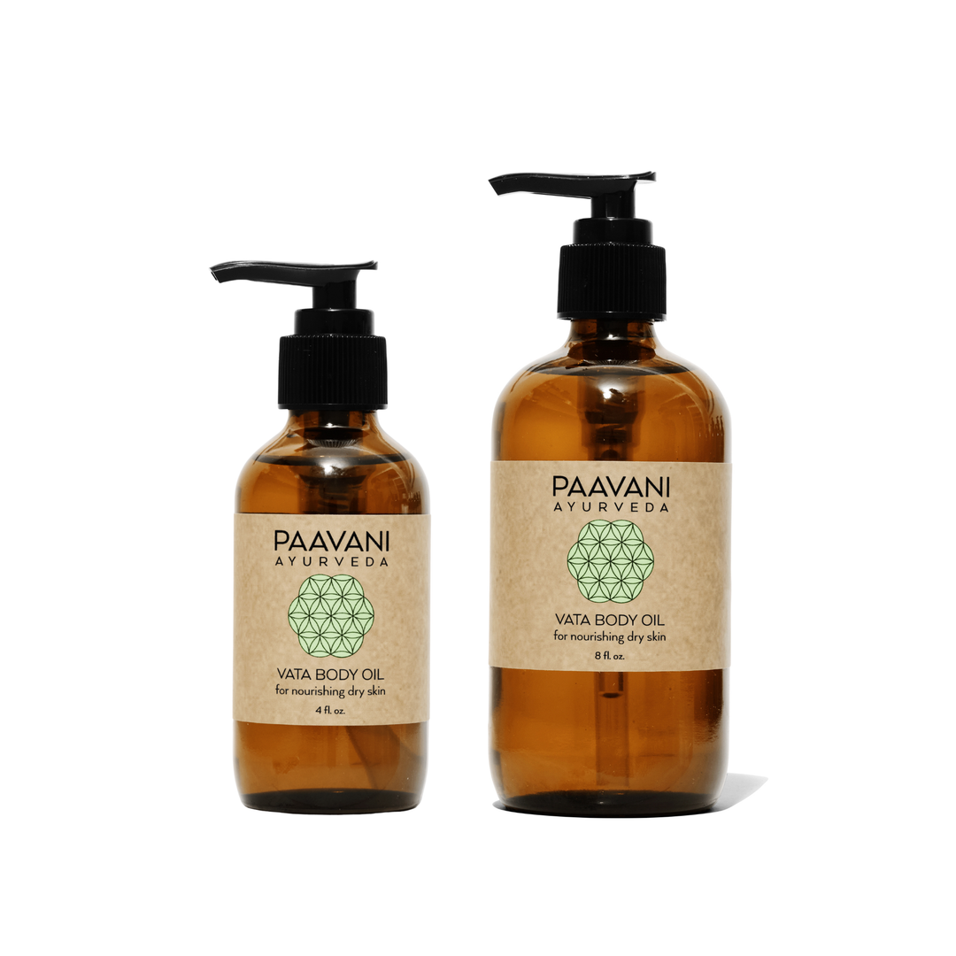 Vata body oil, Ayurvedic abhyanga oil with herbal ingredients for the skin.