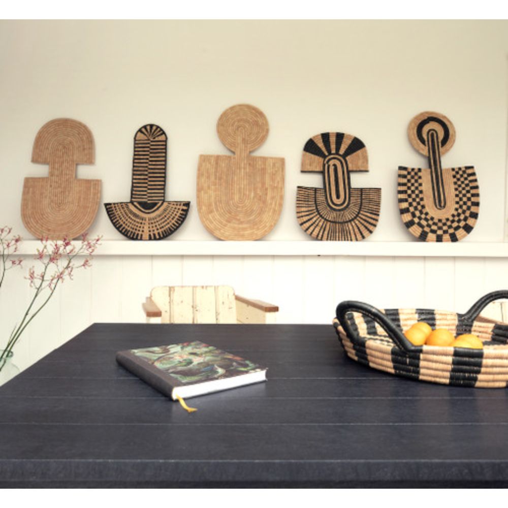 Woven palm leaf abstract wall mask, handcrafted African wall decor from Malawi.