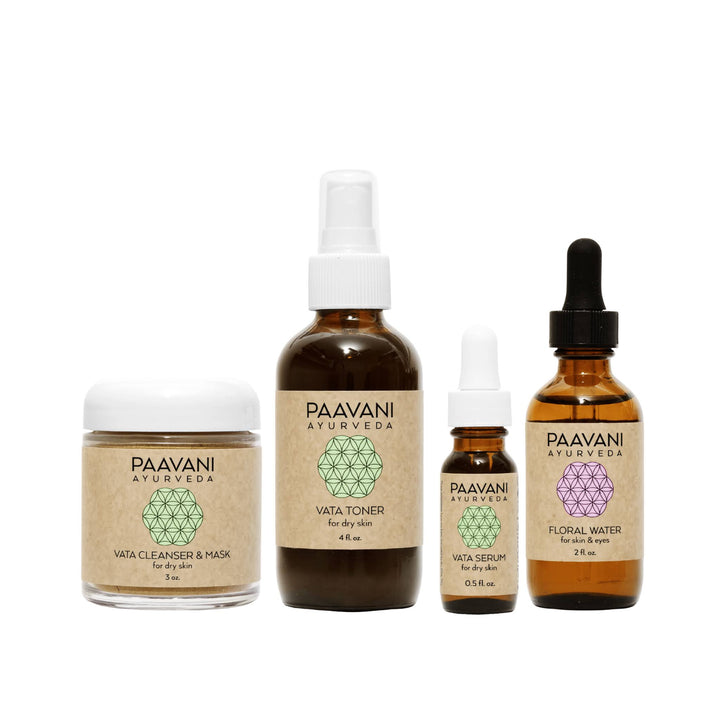 Vata Ayurvedic skincare ritual facial set with skincare products and accessories.