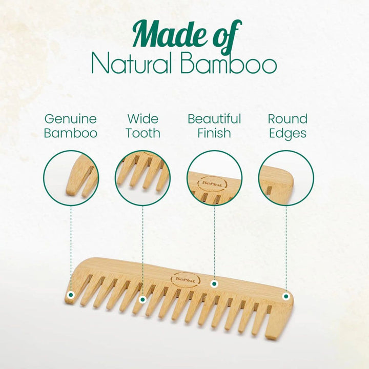 Natural bamboo hair comb for detangling, with wide teeth and a smooth finish, ideal for gentle hair grooming.