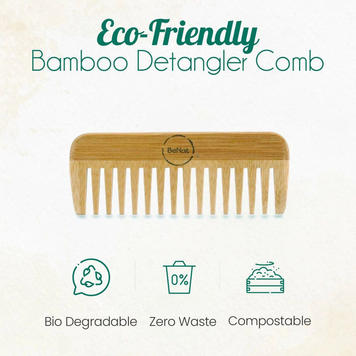 Natural bamboo hair comb for detangling, showing smooth, eco-friendly bamboo teeth on a light background.