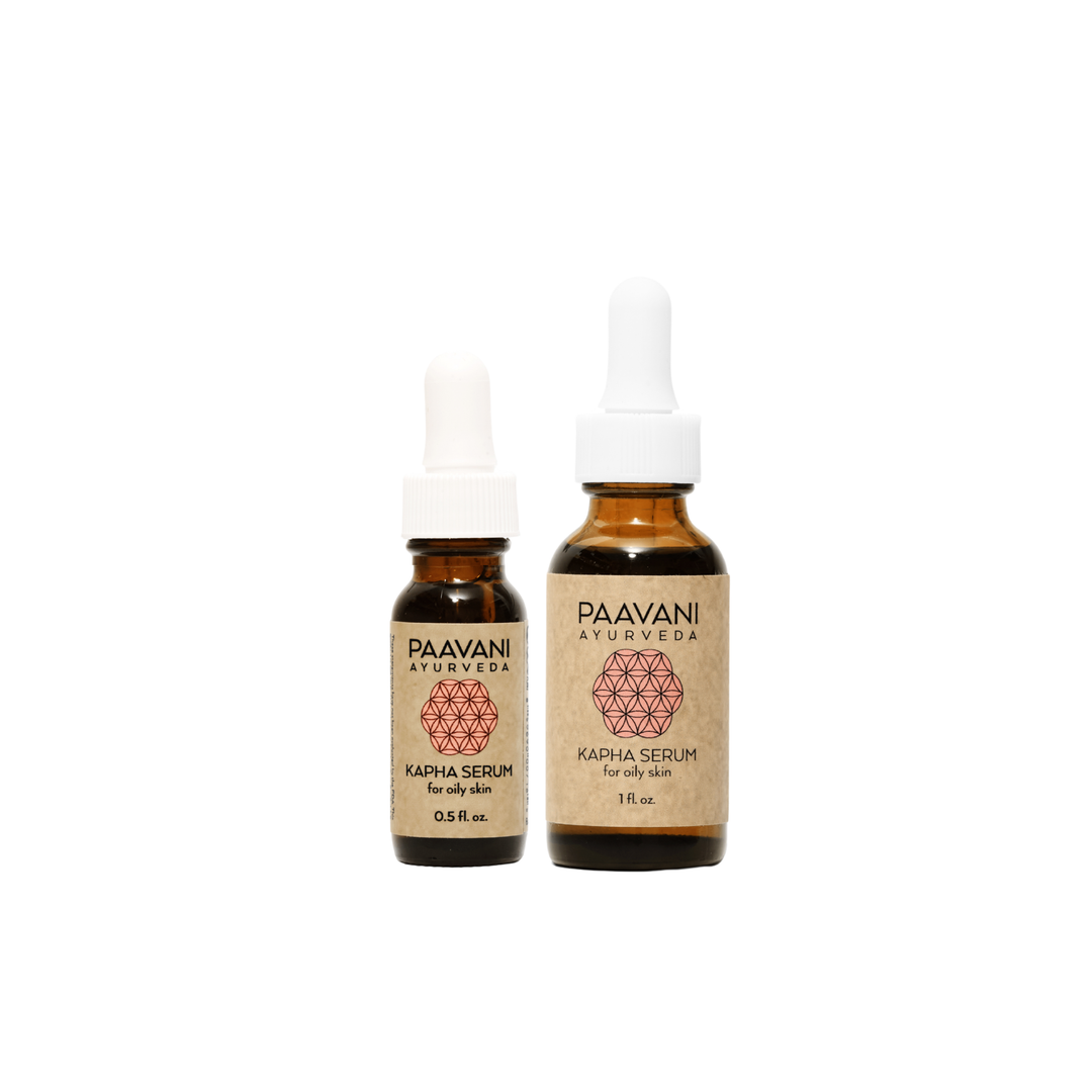Kapha face oil, Ayurvedic face oil in a dark glass bottle with dropper.