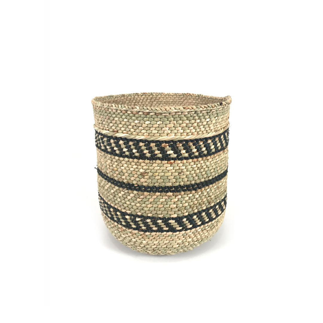 Black stripe Iringa basket, handwoven Tanzanian Milulu grass
