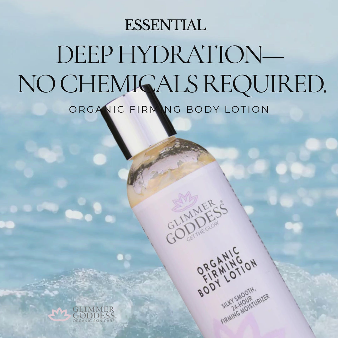Organic firming body lotion with collagen in a white and gold bottle.