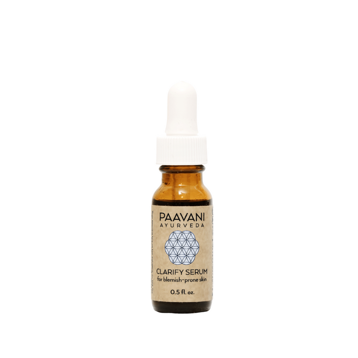 Organic Clarify face serum in a clear bottle with a dropper.