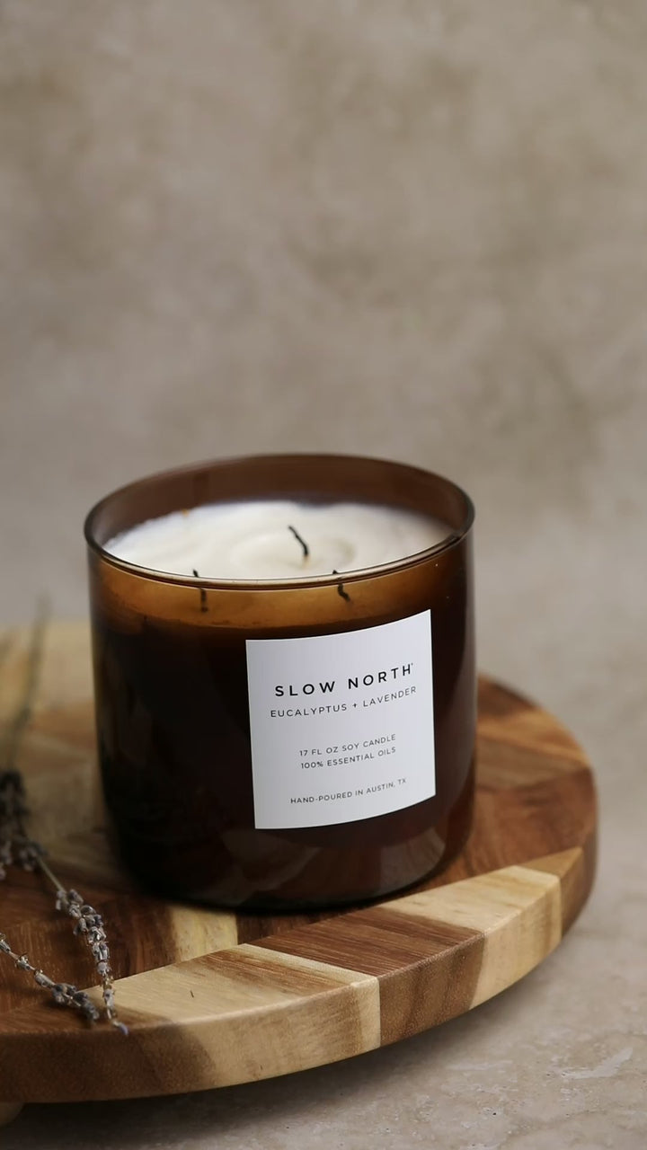 Eucalyptus Lavender three-wick soy candle with eucalyptus and lavender scents.