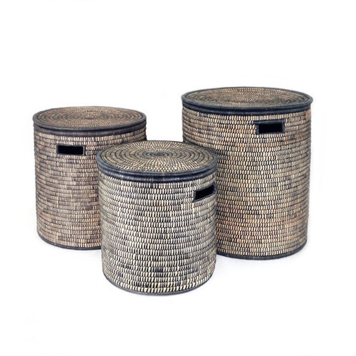 Large black and natural Malawi lidded basket in handwoven palm.