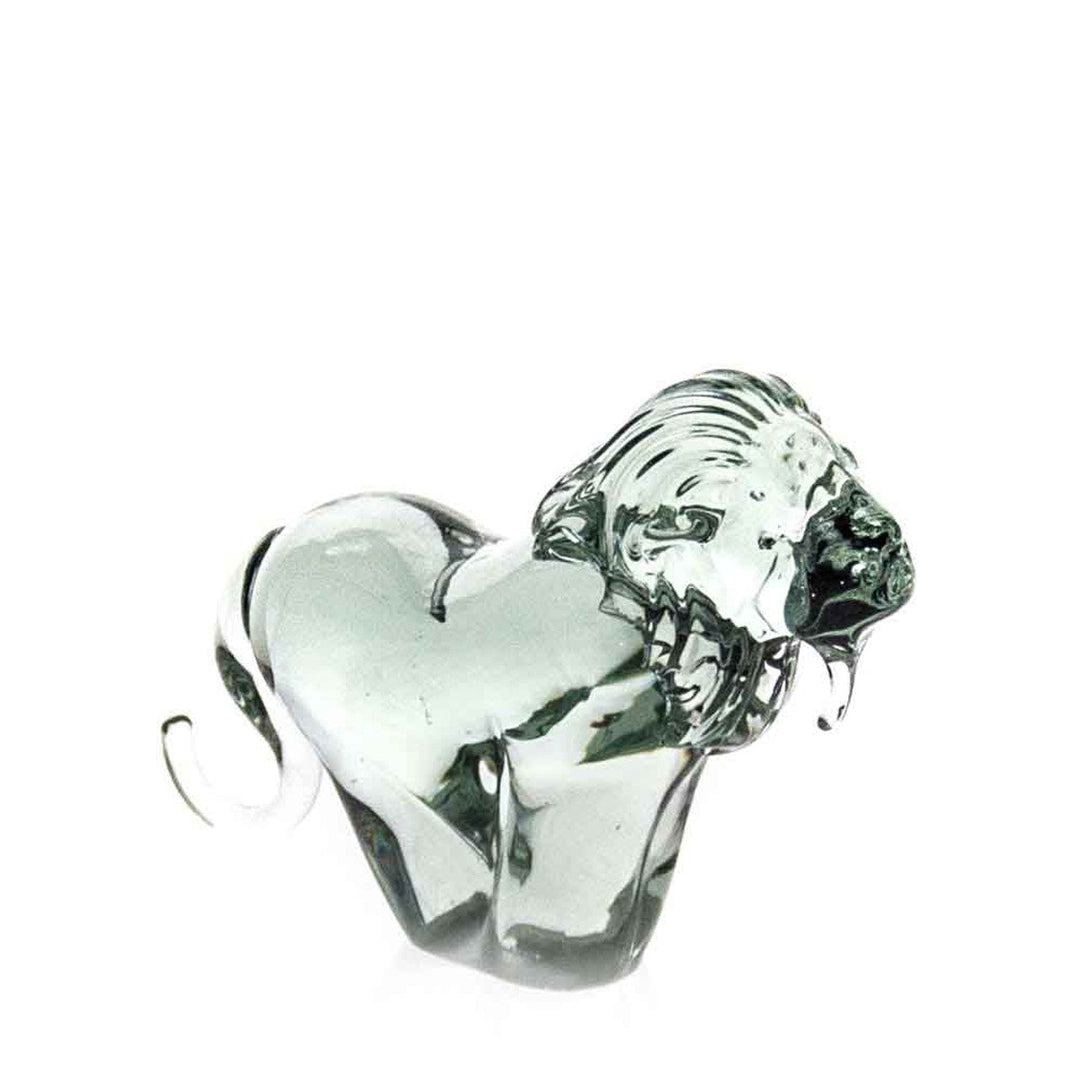 Handblown recycled-glass lion sculpture with detailed glasswork.