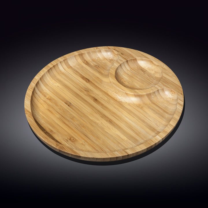 Bamboo round serving platter with two sections, for appetizers or snacks.