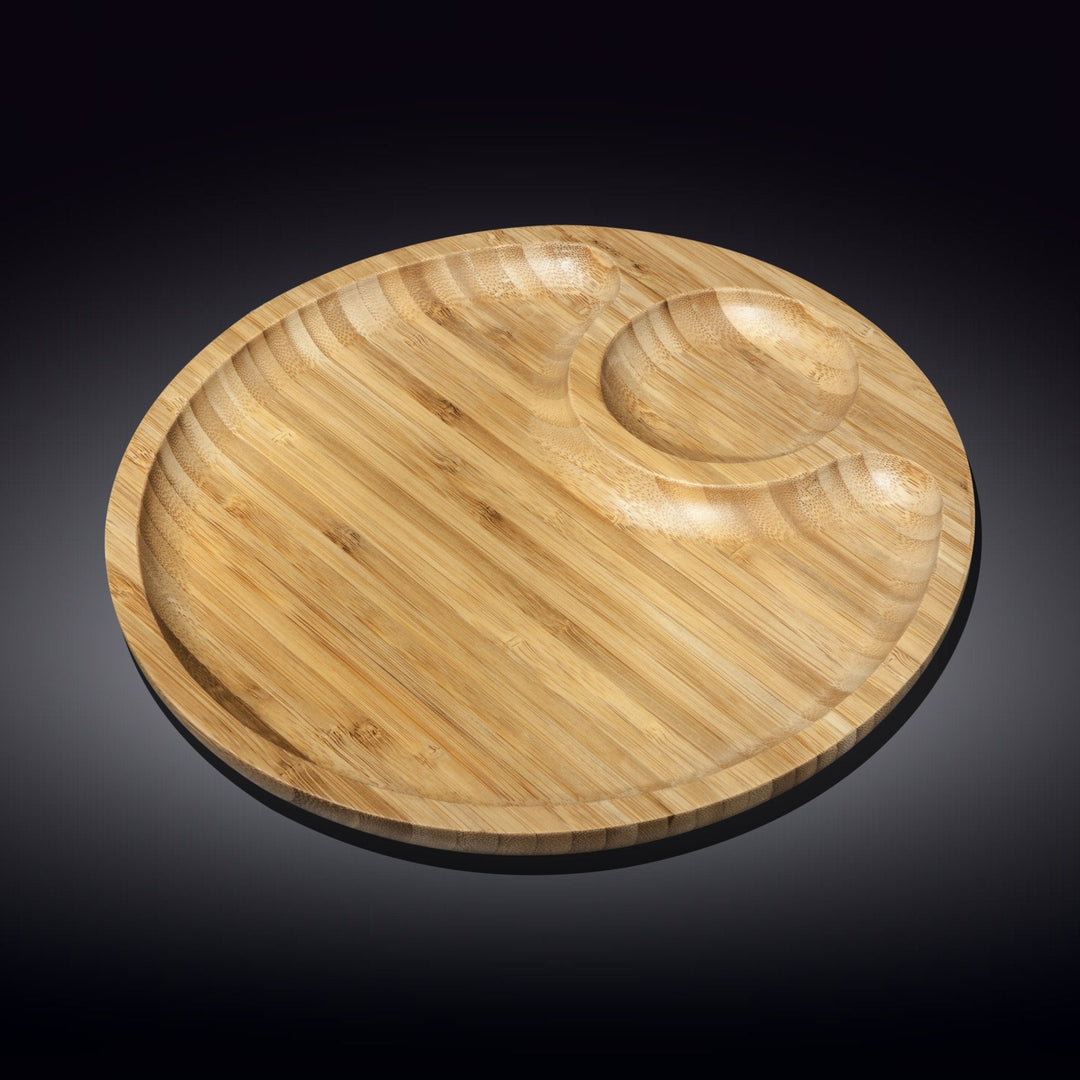 Single-serve porcelain bowl with a round shape and bamboo tray.