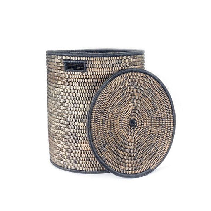 Large black and natural Malawi lidded basket, handwoven palm with a sturdy lid.