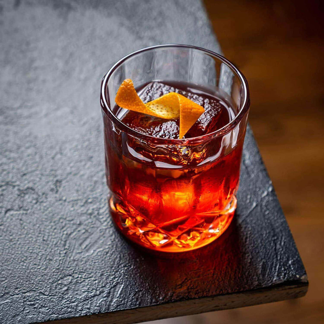 Set of crystal whiskey glasses in a clear glass design.