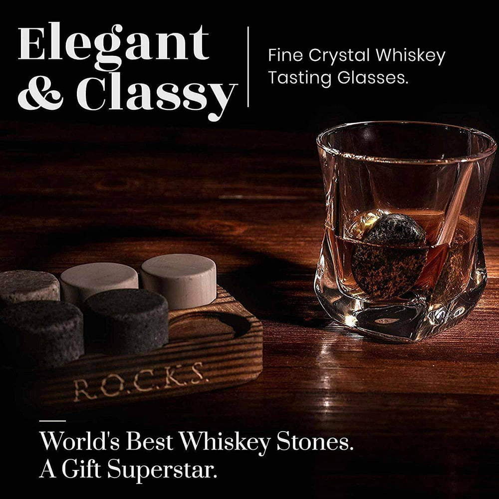 Whiskey set with a twist glass, including whiskey stones and glassware.