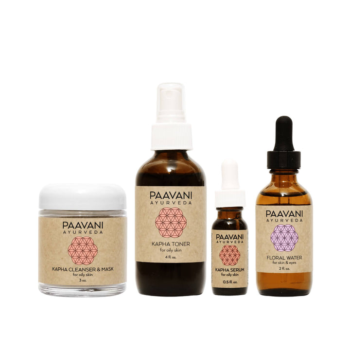 Kapha Ayurvedic skincare ritual with herbal oils and natural ingredients.