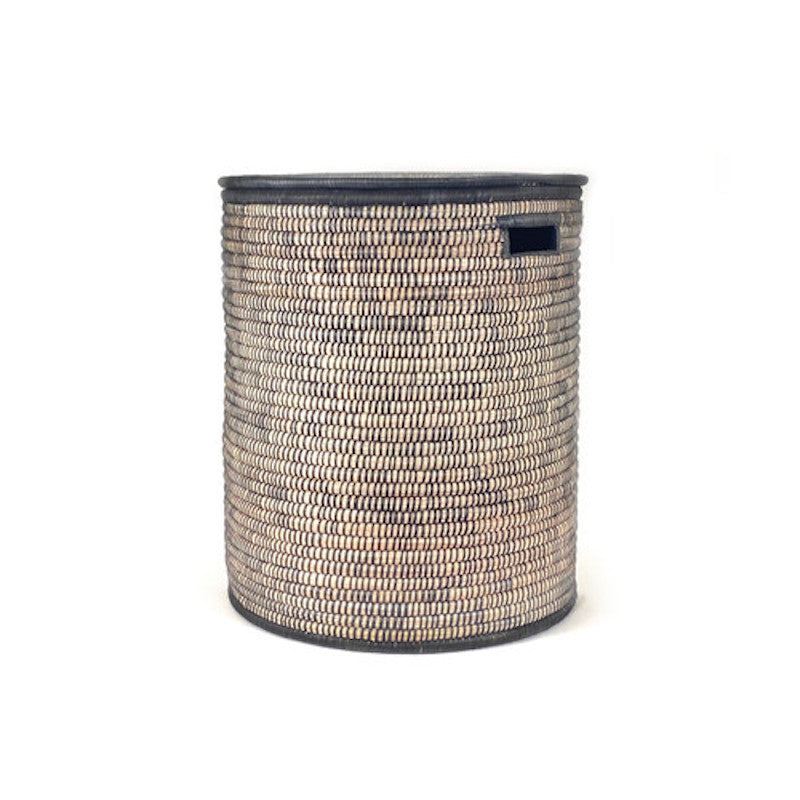 Large black and natural Malawi lidded basket, handwoven palm laundry hamper