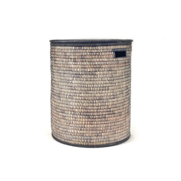 Large black and natural Malawi lidded basket, handwoven palm laundry hamper