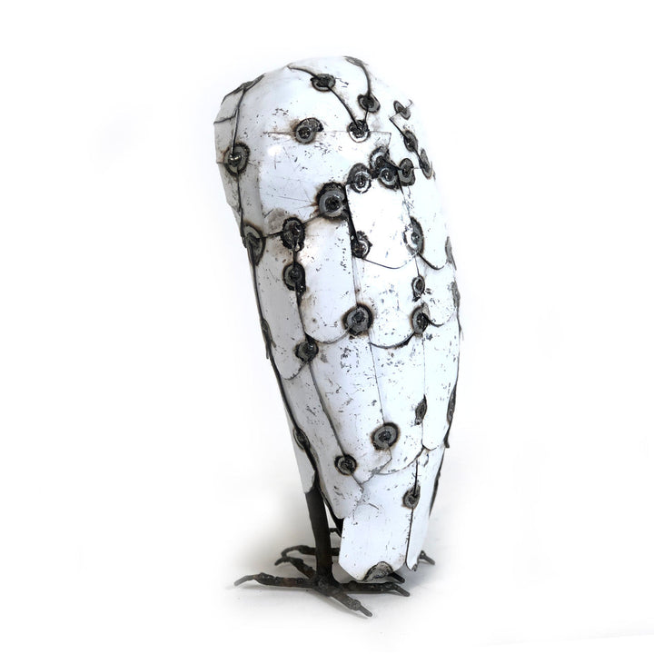 Handcrafted recycled metal snowy owl sculpture from Zimbabwe, detailed metalwork.