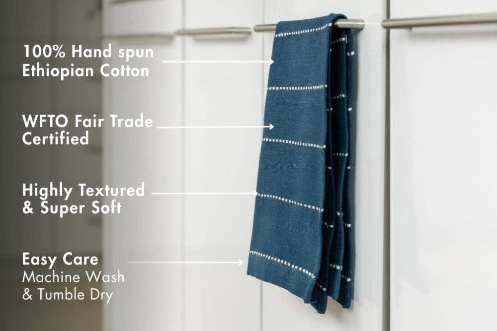 Cotton tea towel, 16 by 26 inches, natural fiber only.