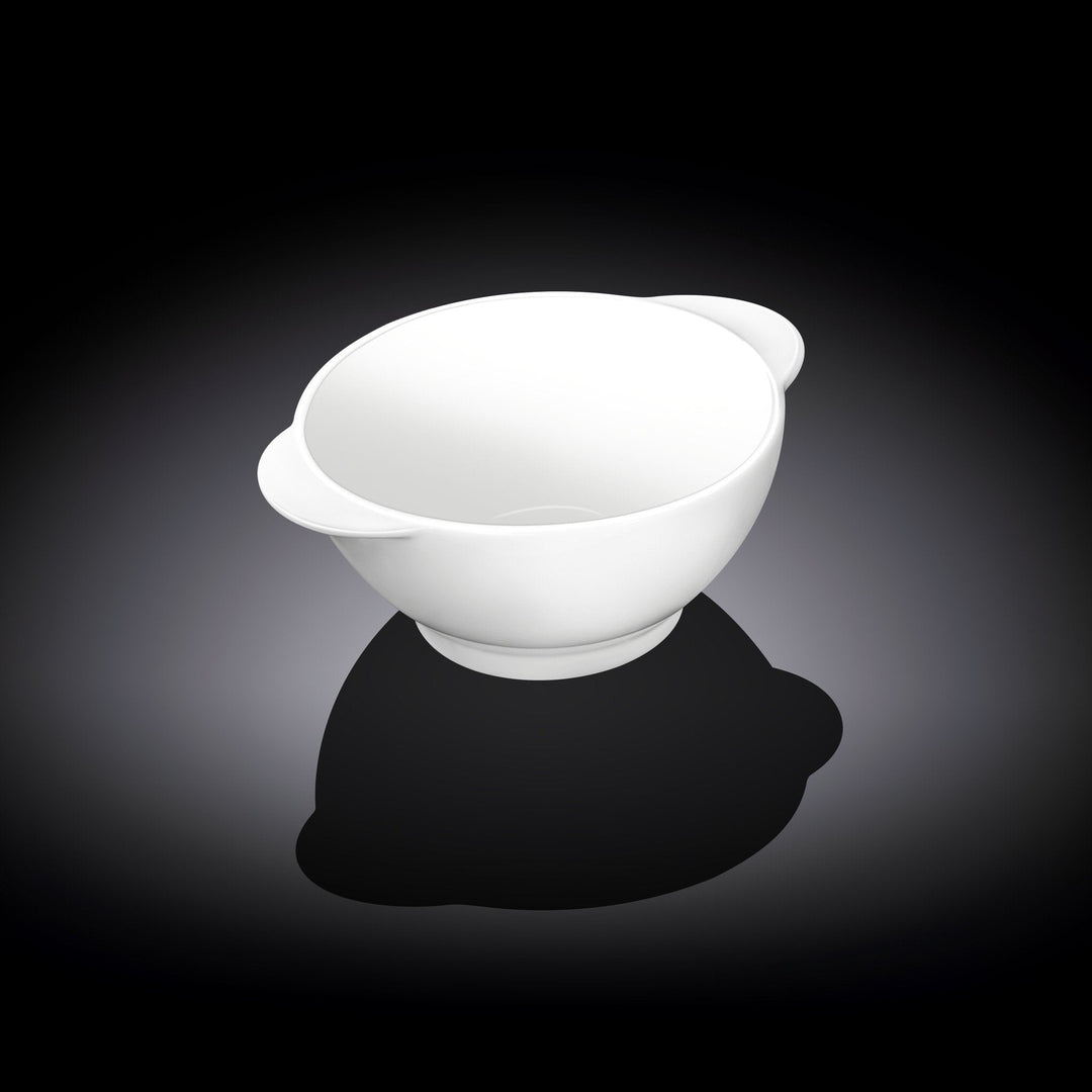 Single-serve set with a smooth white porcelain bowl and bamboo tray.