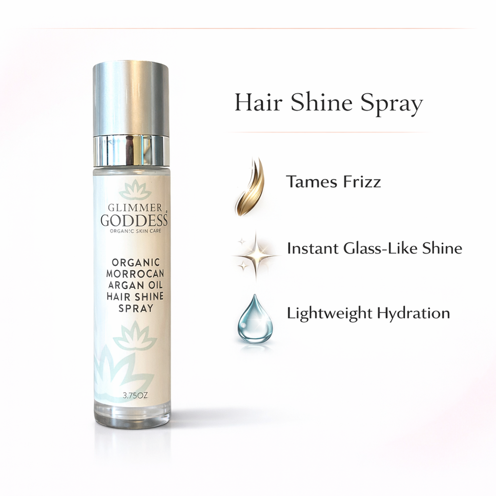 Organic Moroccan argan oil hair shine spray in a bottle with spray nozzle.