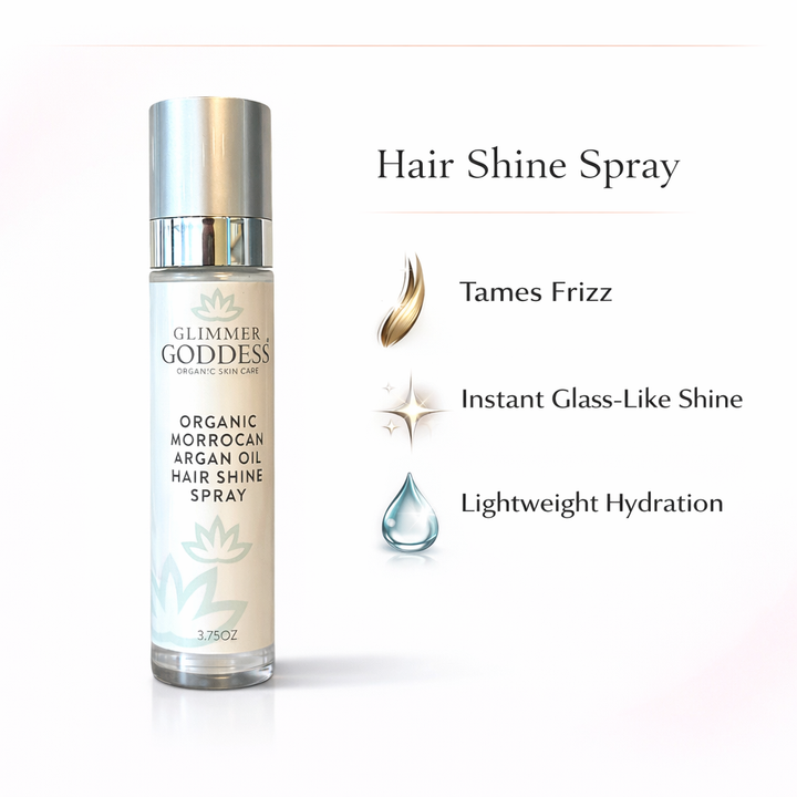 Organic Moroccan argan oil hair shine spray in a bottle with spray nozzle.