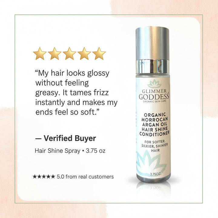 Organic Moroccan argan oil hair shine spray in a bottle with spray nozzle.
